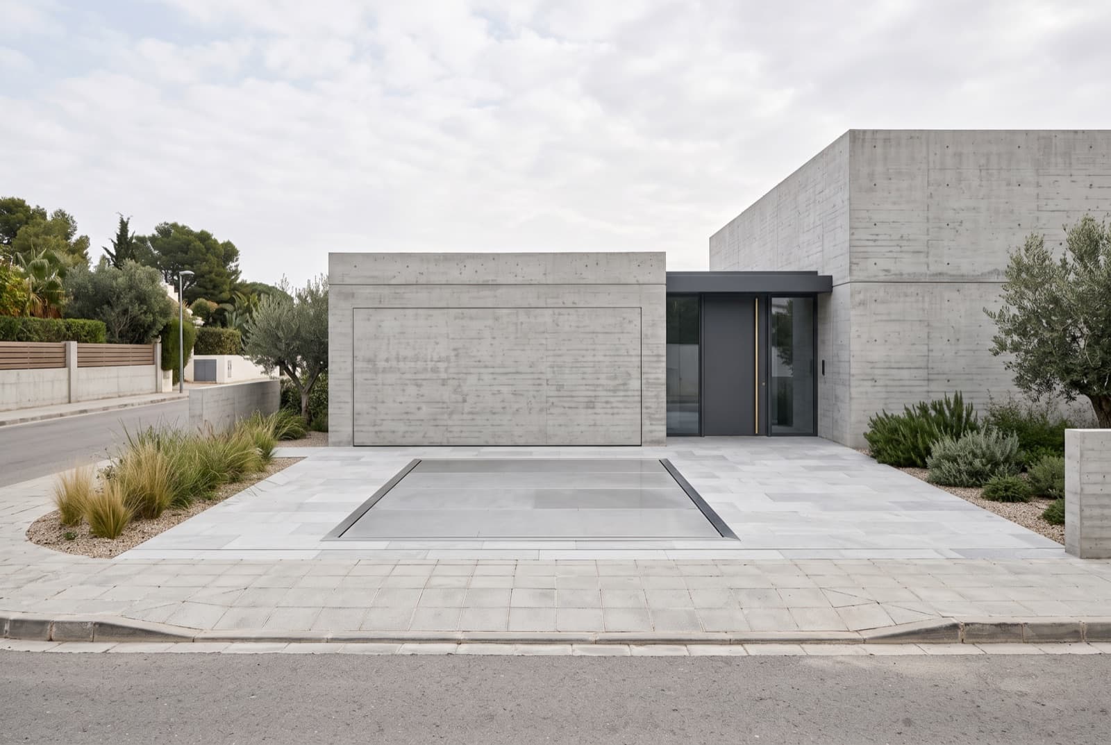Façade et parvis d'une villa contemporaine, plateforme de monte-voiture affleurant le dallage devant le garage