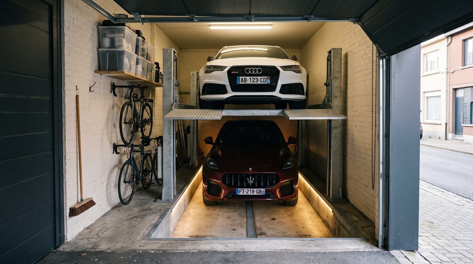 Doubleur de parking dans le garage étroit d'une maison de ville, break de sport sur le plateau haut et SUV sur le plateau bas descendu en fosse, porte ouverte sur la rue