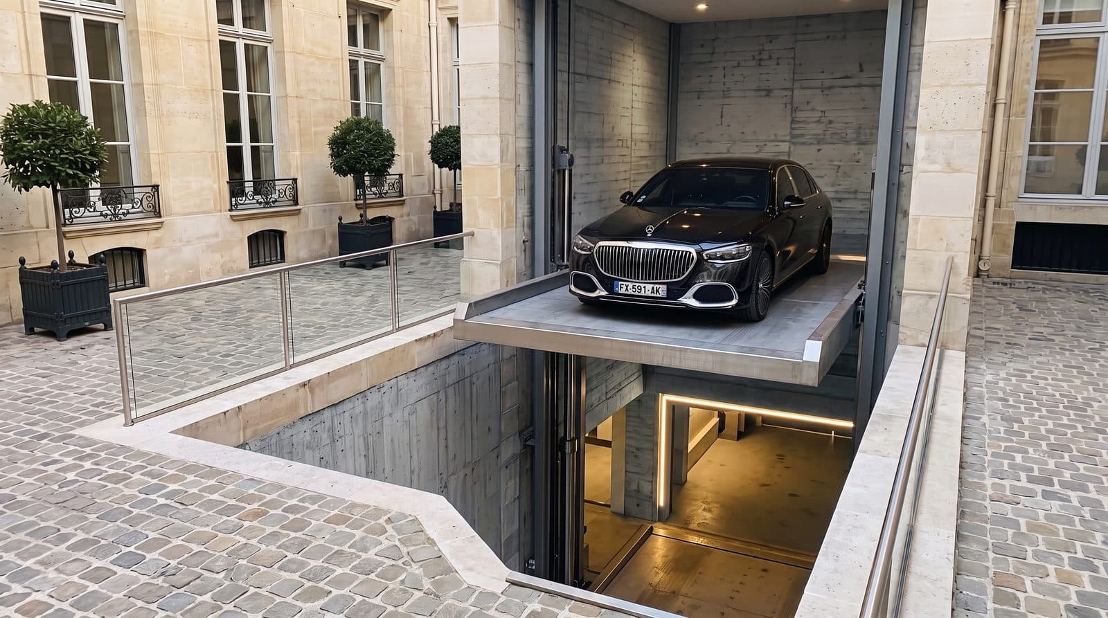 Berline de prestige sur une grande plateforme à mi-course dans une fosse béton sur mesure, ouverte au milieu de la cour pavée d'un hôtel particulier