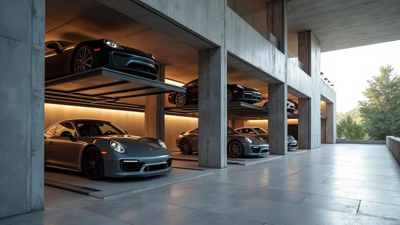 Stockage vertical de collection automobile : voitures de sport posées sur des plateformes superposées dans une galerie en béton éclairée