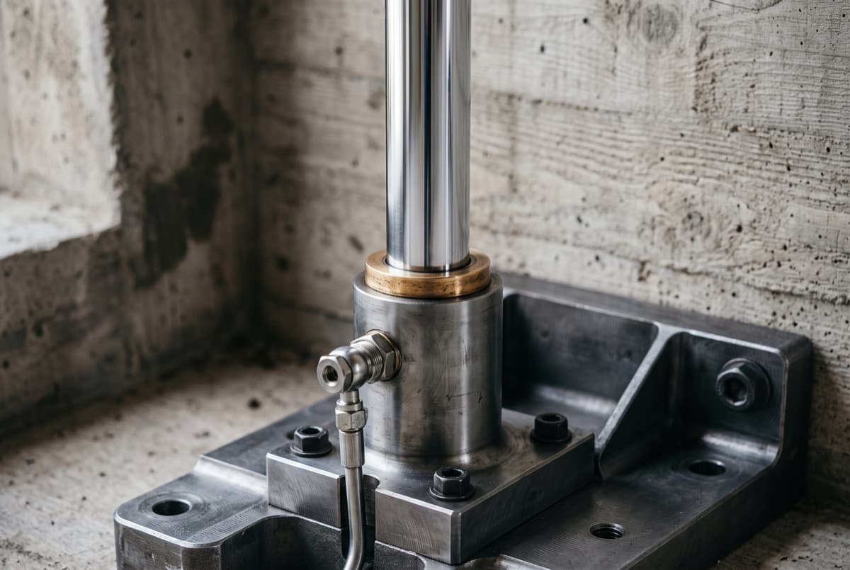 Tige chromée d'un vérin hydraulique sortant de son embase acier, collerette laiton