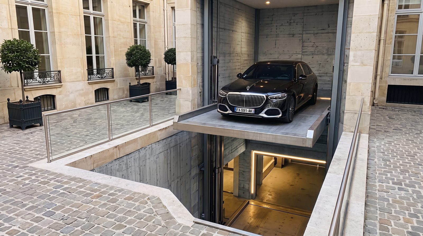 Monte-voiture enterré dans la cour pavée d'un hôtel particulier, plateforme au niveau de la cour et sous-sol éclairé